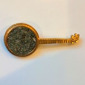 Vintage 1950's Estate Sale Green and Gold Banjo Brooch Pin,  Sparkling Stones